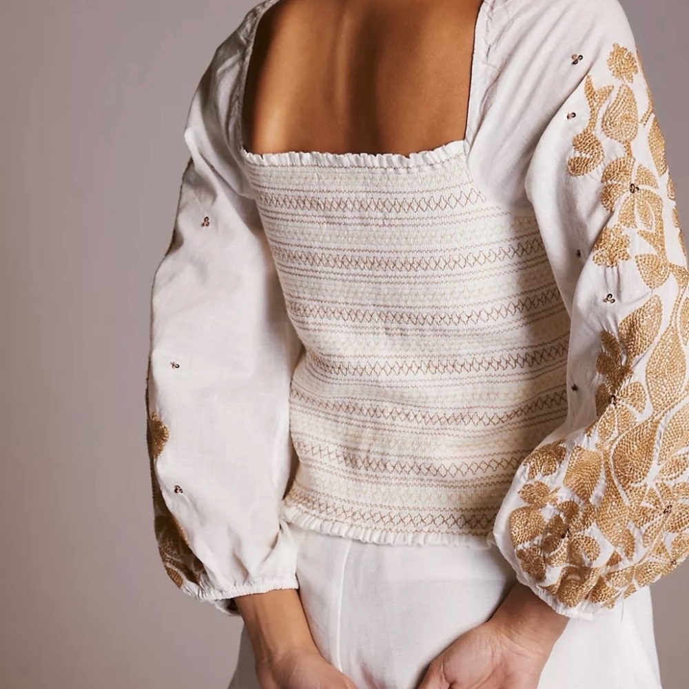 Anthropologie White Peasant Blouse with Tan Embroidered Sleeves - Picture 4 of 11